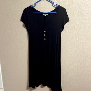 See You Monday Black V-Neck Dress with Buttons